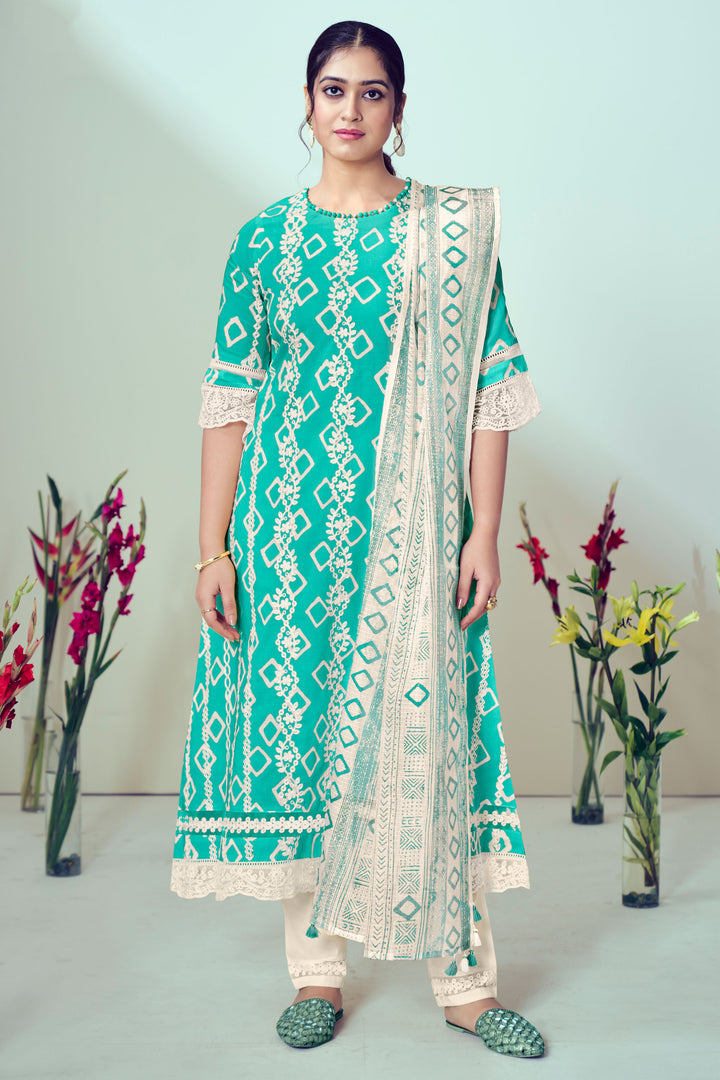 Cyan Color Pure Cotton Block Print Penal Embroidery Work Salwar Suit