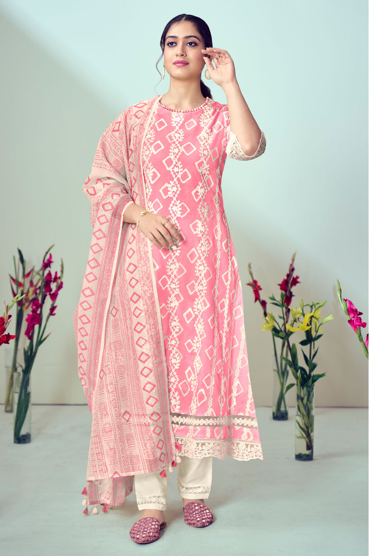 Pink Pure Cotton Block Print Penal Embroidery Work Suit