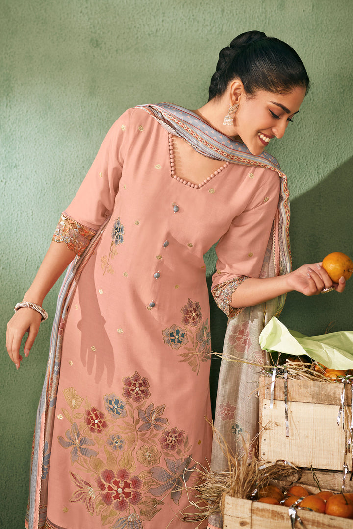 Peach Pure Muslin Jacquard Embroidered Designer Straight Cut Salwar Suit