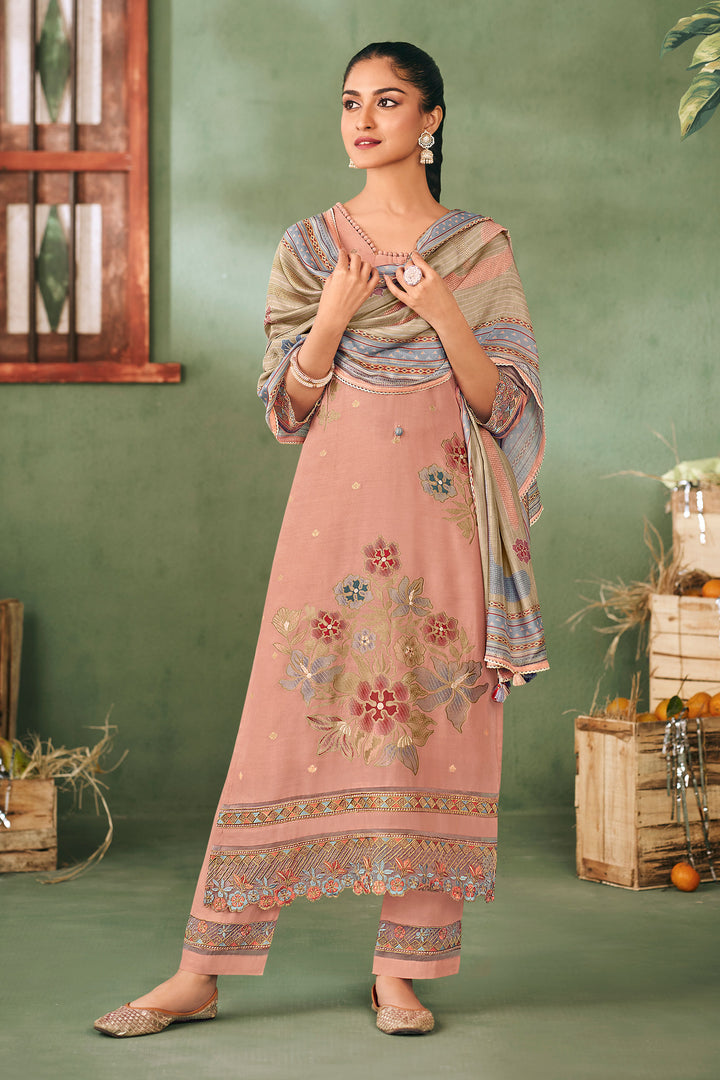 Peach Pure Muslin Jacquard Embroidered Designer Straight Cut Salwar Suit