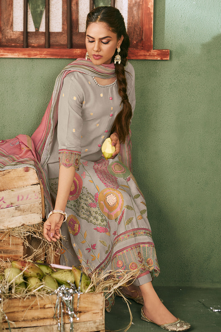 Grey Color Pure Muslin Jacquard Embroidered Straight Cut Suit