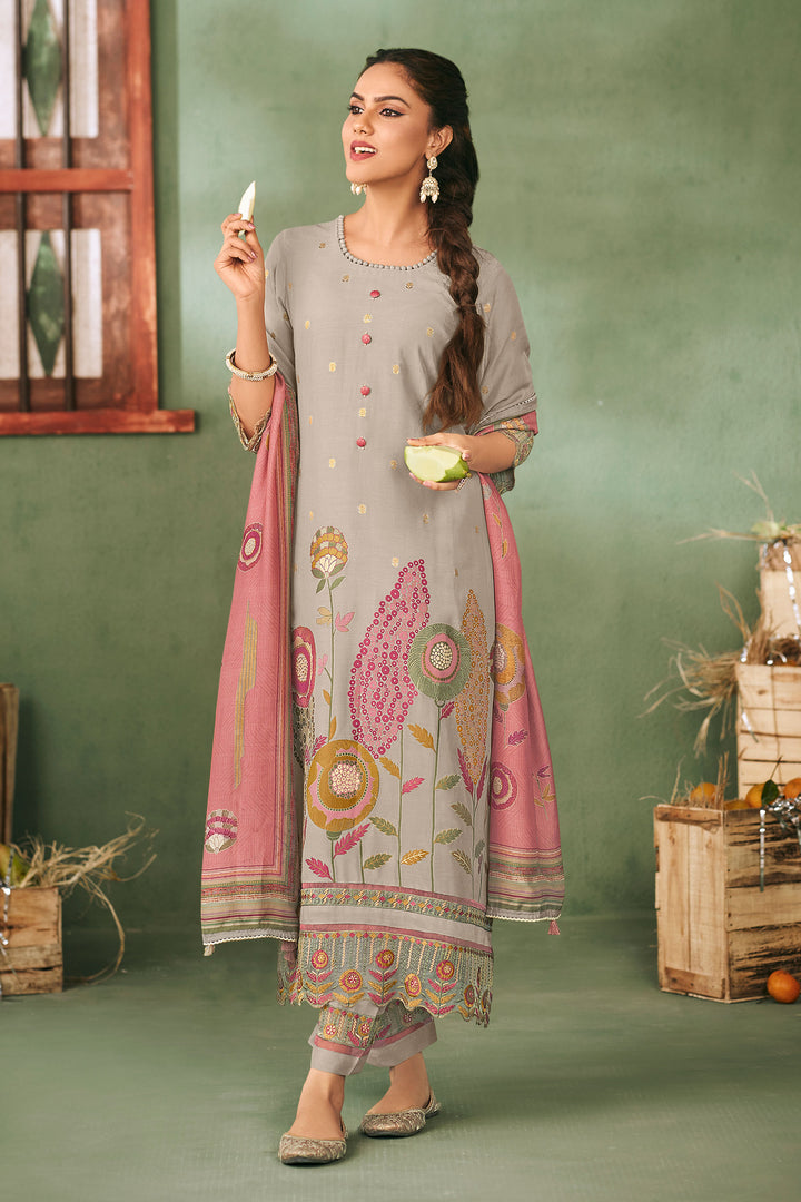 Grey Color Pure Muslin Jacquard Embroidered Straight Cut Suit