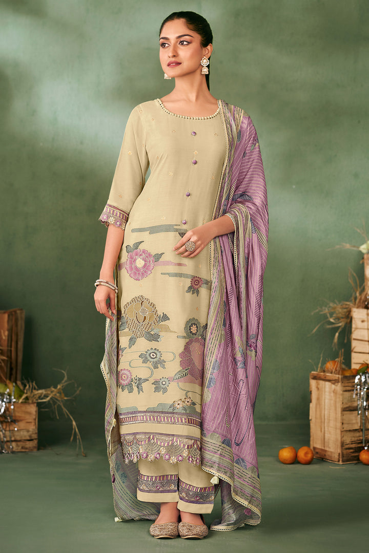 Cream Pure Muslin Jacquard Embroidered Dress