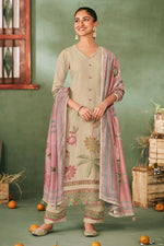 Load image into Gallery viewer, Pure Muslin Jacquard Embroidered Long Designer Straight Cut Salwar Kameez In Beige Color
