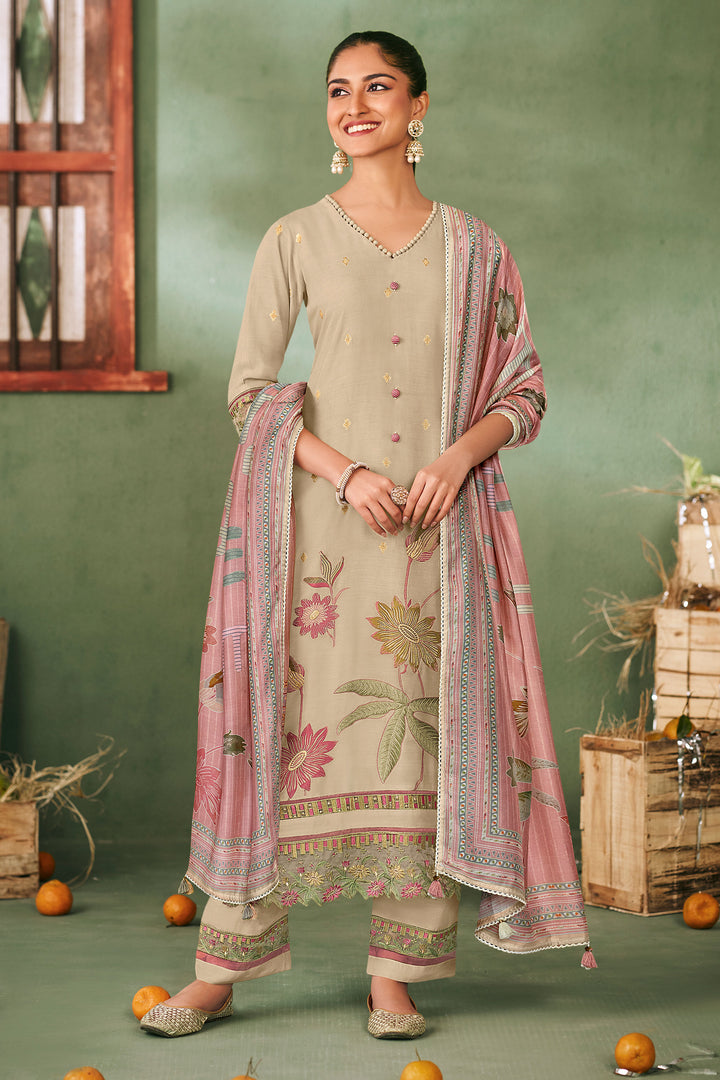 Pure Muslin Jacquard Embroidered Long Designer Straight Cut Salwar Kameez In Beige Color