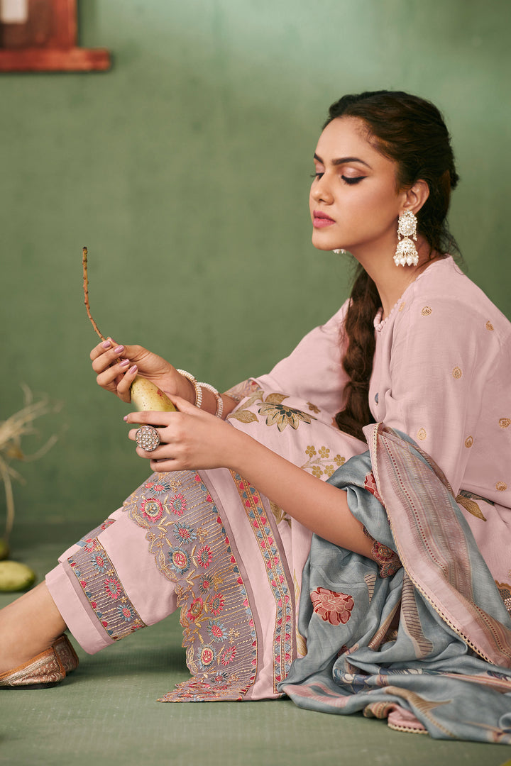 Pure Muslin Jacquard Embroidered Designer Straight Cut Salwar Suit In Pink Color