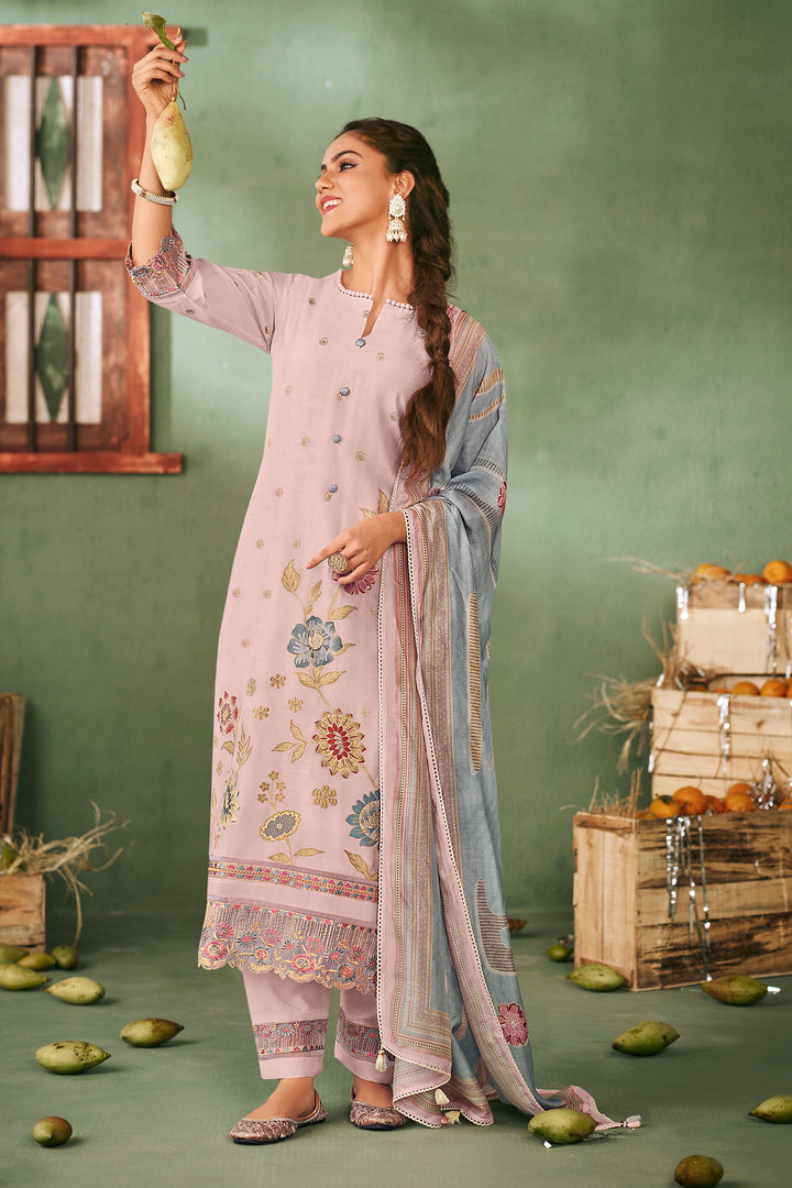 Pure Muslin Jacquard Embroidered Designer Straight Cut Salwar Suit In Pink Color