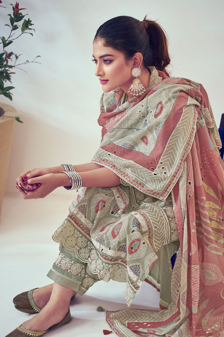 Grey Pure Cotton Fancy Borer Embroidery With Digital Print Designer Salwar Kameez