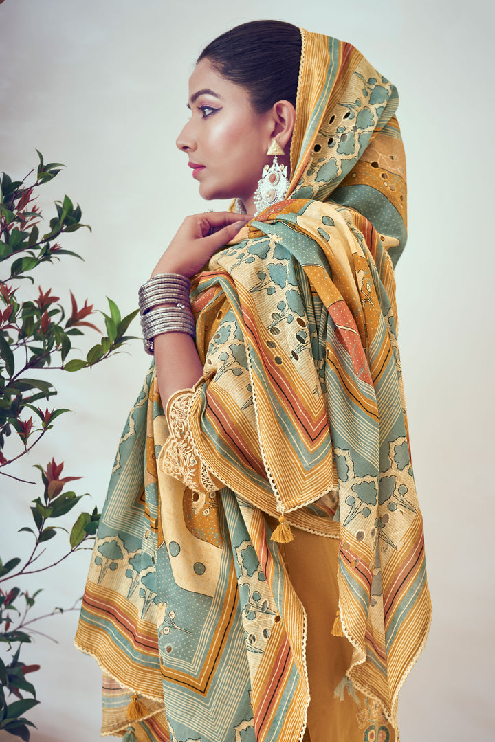 Mustard Color Pure Cotton Fancy Borer Embroidery With Digital Print Designer Salwar Suit