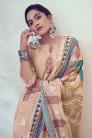 Beige Pure Cotton Fancy Borer Embroidery With Digital Print Designer Dress