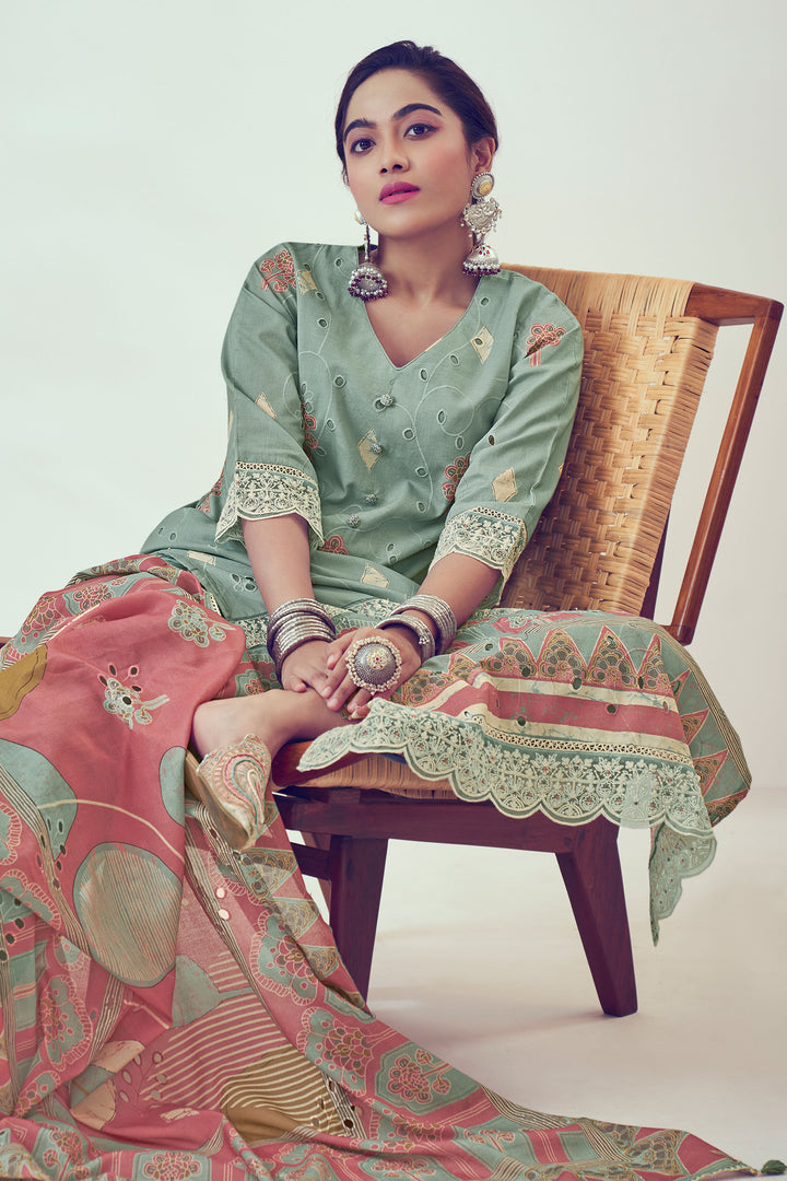 Pure Cotton Fancy Borer Embroidery With Digital Print Designer Salwar Kameez In Sea Green Color