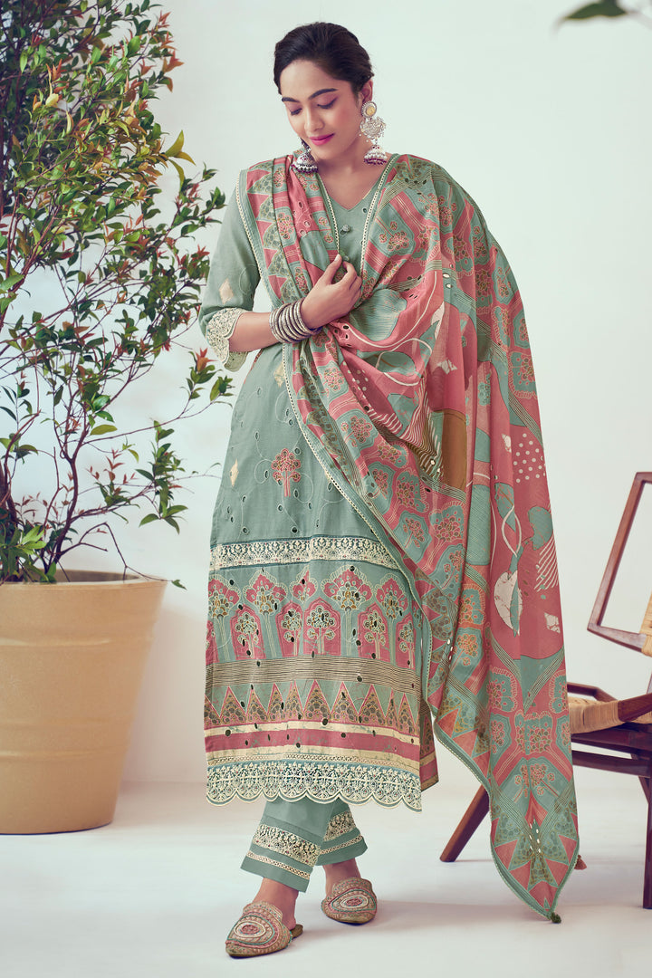 Pure Cotton Fancy Borer Embroidery With Digital Print Designer Salwar Kameez In Sea Green Color