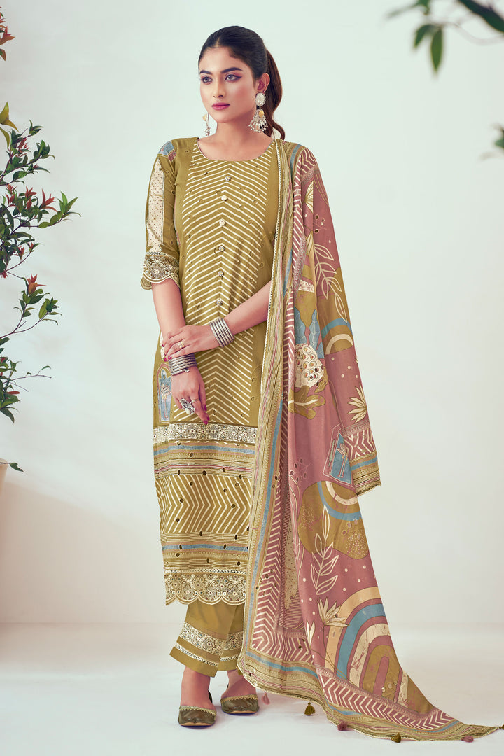 Pure Cotton Fancy Borer Embroidery With Digital Print Designer Salwar Suit In Brown Color