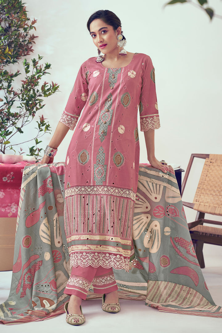 Pure Cotton Fancy Borer Embroidery With Digital Print Designer Suit In Pink Color