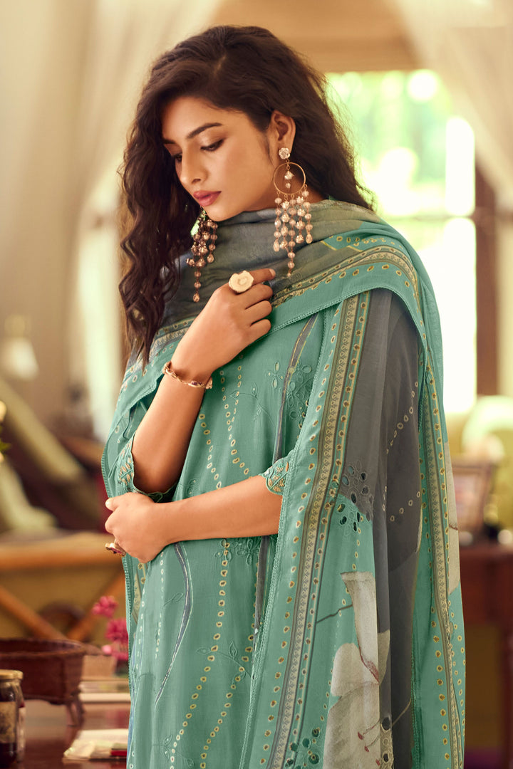 Sea Green Pure Muslin Silk Fancy Borer Embroidery Digital Print Suit