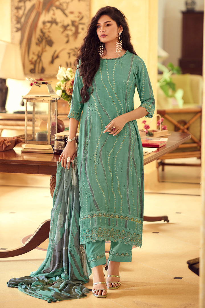 Sea Green Pure Muslin Silk Fancy Borer Embroidery Digital Print Suit