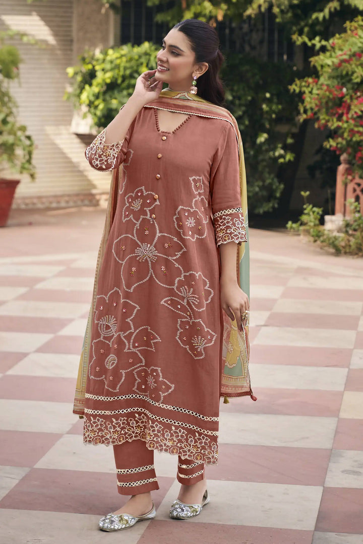 Elegant Mal Mal Chanderi Jacquard Handwork Straight Cut Salwar Kameez