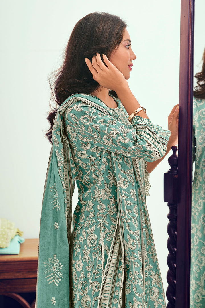 Cyan Color Pure Cotton Block Print And Embroidery Work Designer Suit