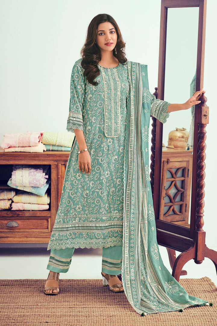 Cyan Color Pure Cotton Block Print And Embroidery Work Designer Suit