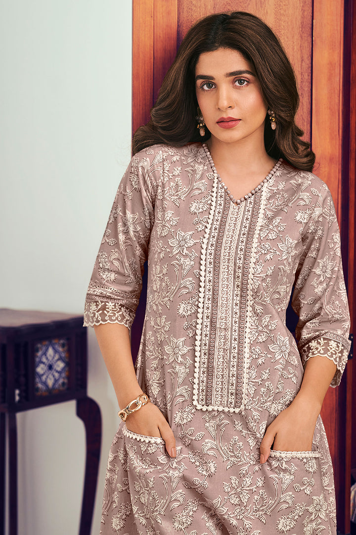 Dark Beige Color Pure Cotton Block Print And Embroidery Work Designer Dress