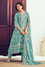 Load image into Gallery viewer, Pure Cotton Block Print And Embroidery Work Designer Salwar Kameez In Teal Color
