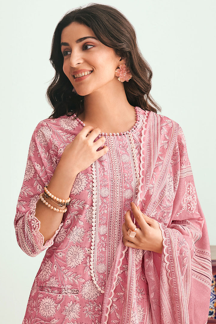 Pure Cotton Block Print And Embroidery Work Designer Suit In Pink Color