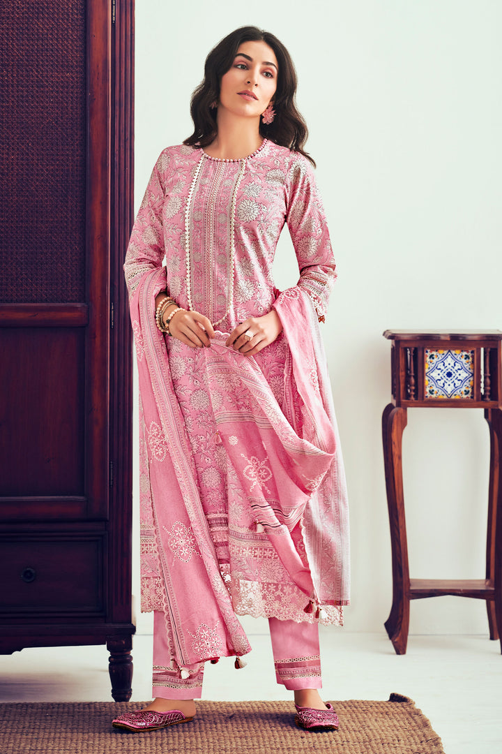 Pure Cotton Block Print And Embroidery Work Designer Suit In Pink Color
