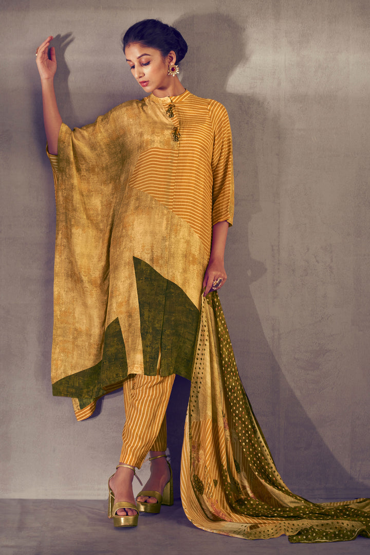 Mustard Pure Bemberg Silk Digital Print Kaftan Style Designer Suit
