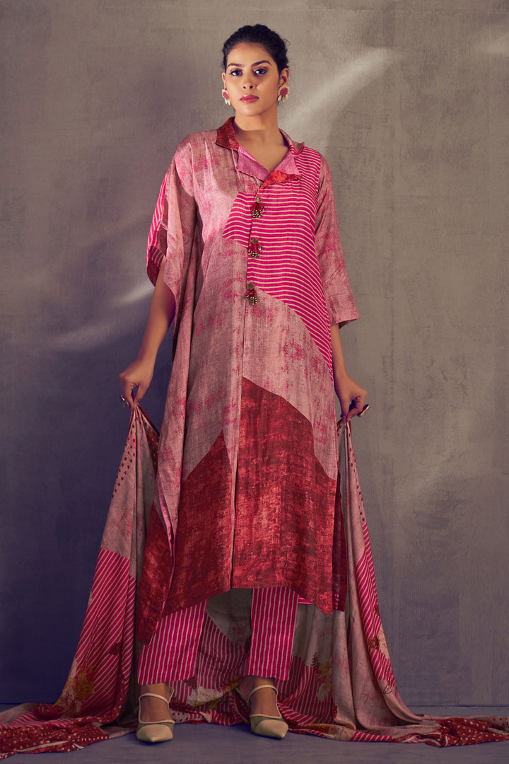 Pure Bemberg Silk Digital Print Pink Kaftan Style Designer Suit