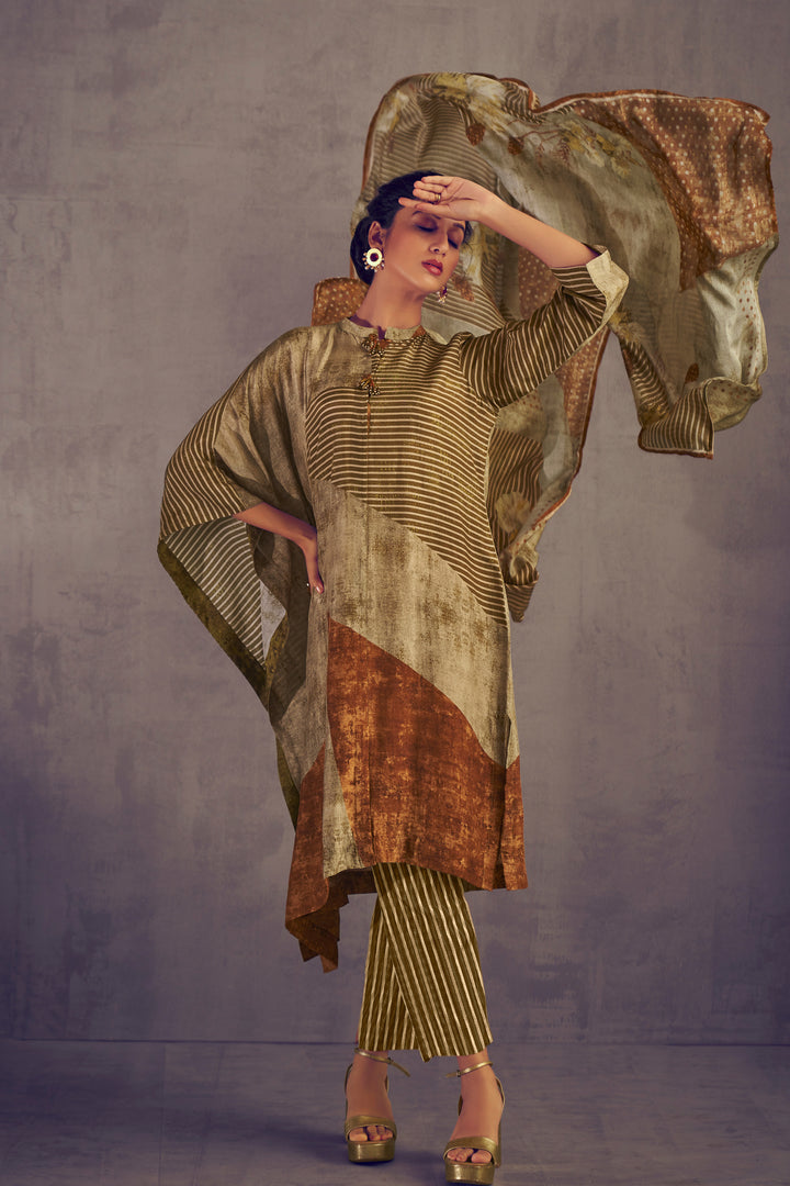 Pure Bemberg Silk Digital Print Kaftan Style Designer Suit In Brown Color