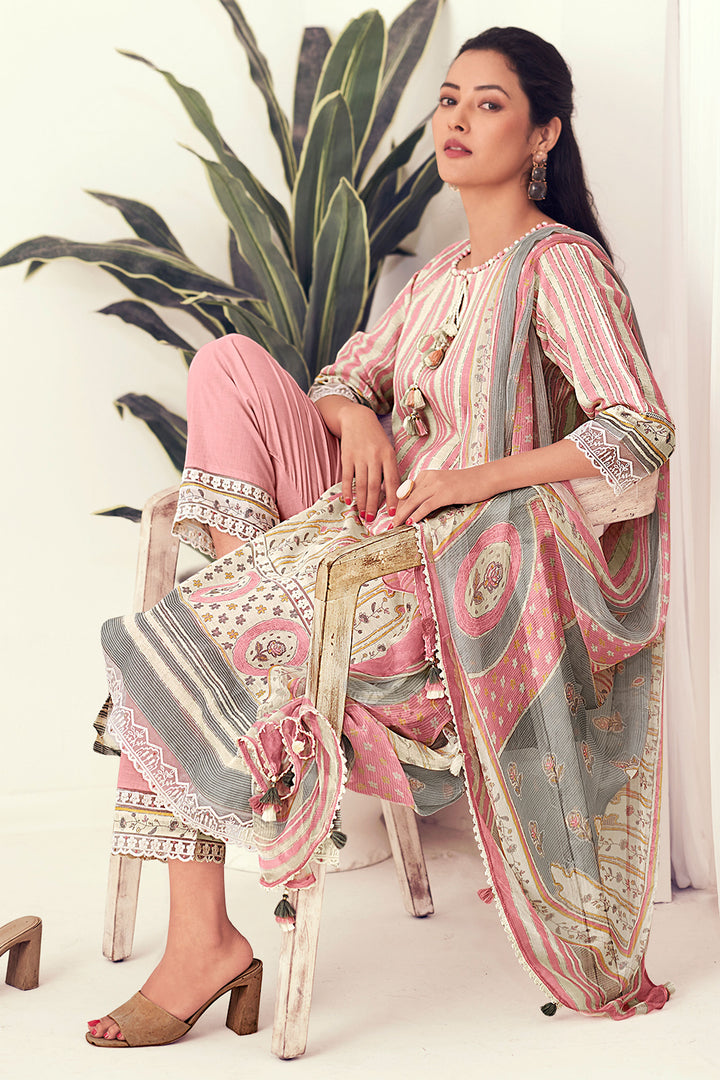 Pure Linen Digital Print Straight Cut Salwar Kameez In Pink