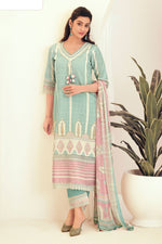 Load image into Gallery viewer, Pure Linen Digital Print Straight Cut Salwar Suit In Cyan Color
