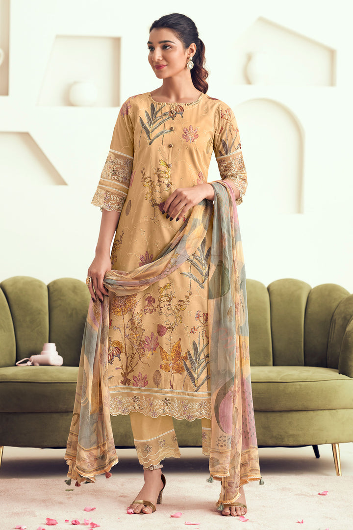 Pure Cotton Digital Print Long Straight Cut In Salwar Suit In Peach Color