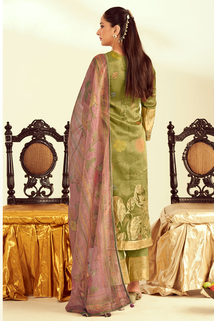 Green Pure Tissue Fancy Jacquard Digital Print Designer Salwar Suit