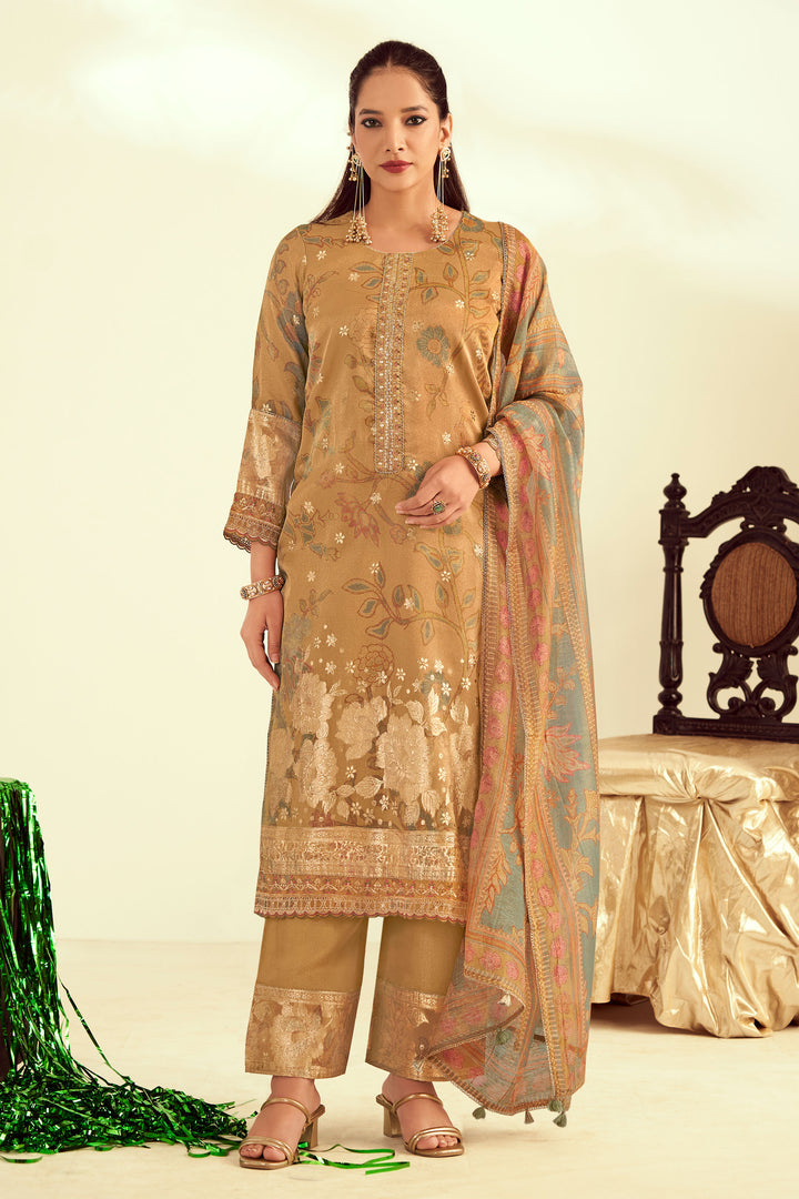 Cream Pure Tissue Fancy Jacquard Digital Print Designer Dress