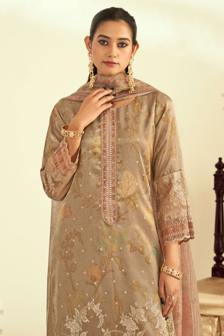 Tissue Fancy Jacquard Digital Print Designer Salwar Kameez In Beige Color