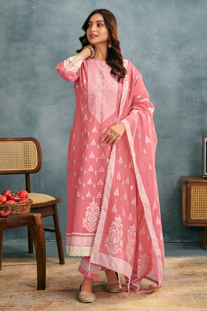 Pink Cotton Top Dyed Jacquard Work Daily Wear Straight Cut Salwar Suit