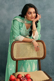 Sea Green Cotton Jacquard Work Daily Wear Straight Cut Suit