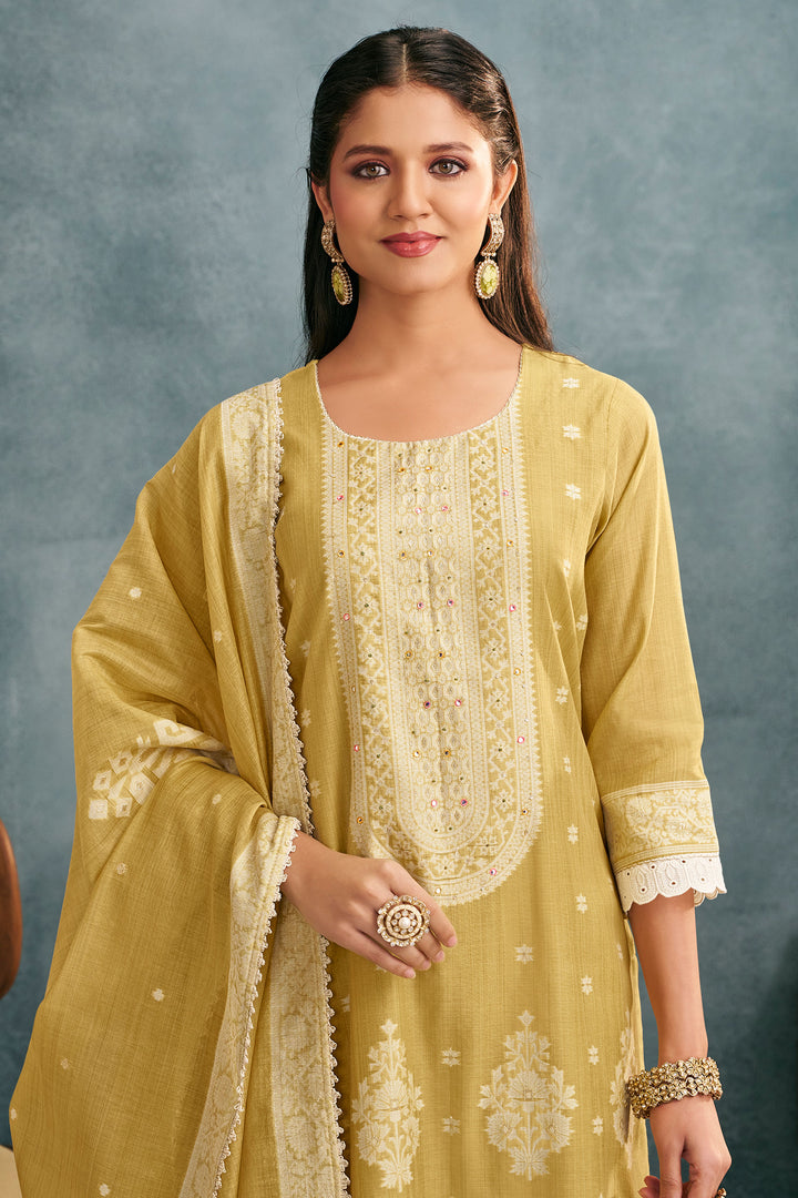 Cotton Jacquard Work Daily Wear Straight Cut Salwar Kameez In Yellow Color