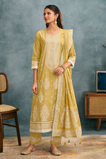 Load image into Gallery viewer, Cotton Jacquard Work Daily Wear Straight Cut Salwar Kameez In Yellow Color