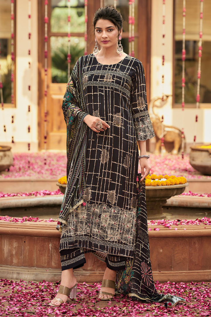 Black Color Pure Muslin Jacquard Digital Print Salwar Kameez