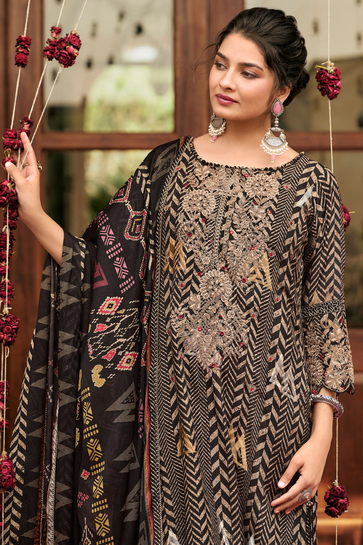 Black Pure Muslin Jacquard Digital Print Salwar Suit