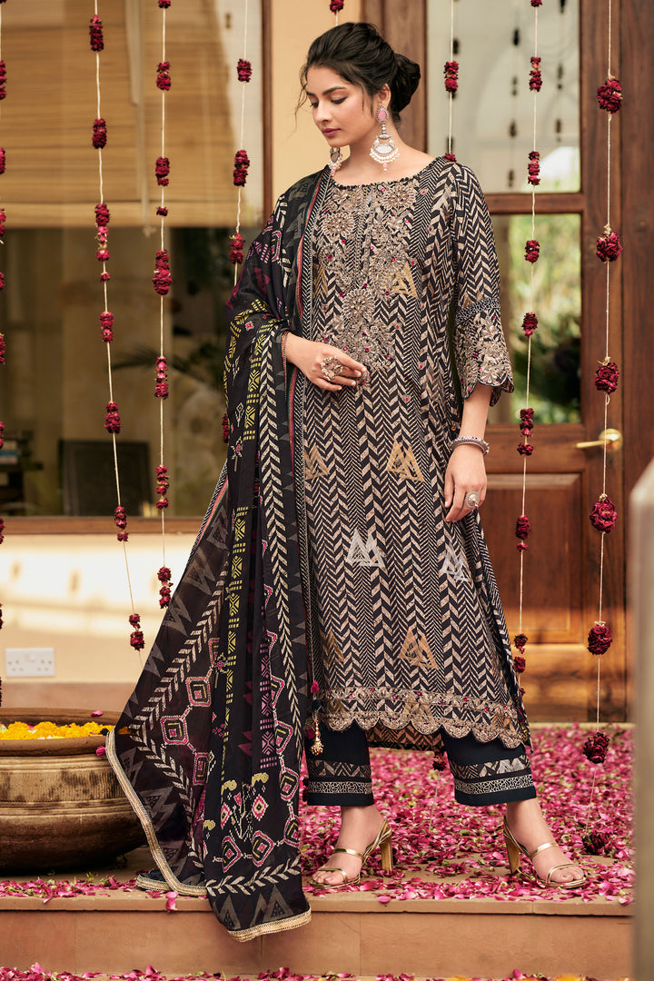 Black Pure Muslin Jacquard Digital Print Salwar Suit