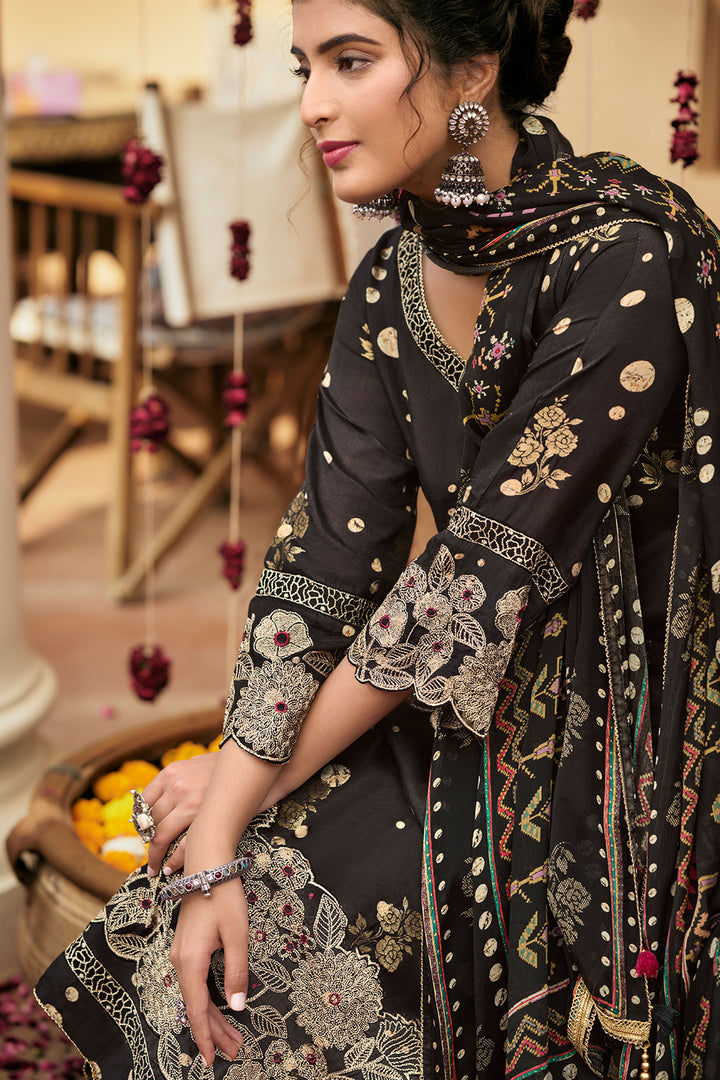 Black Pure Muslin Jacquard Digital Print Suit