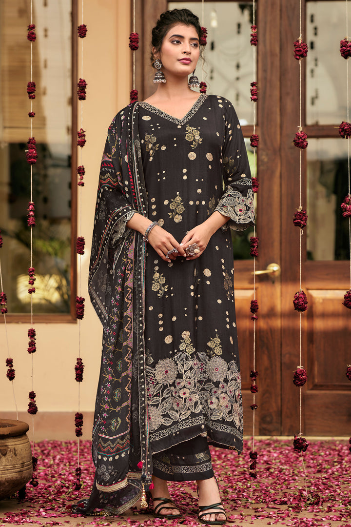 Black Pure Muslin Jacquard Digital Print Suit