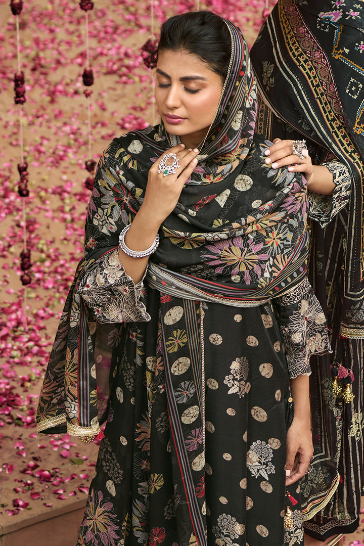 Pure Muslin Jacquard Digital Print Salwar Suit In Black Color