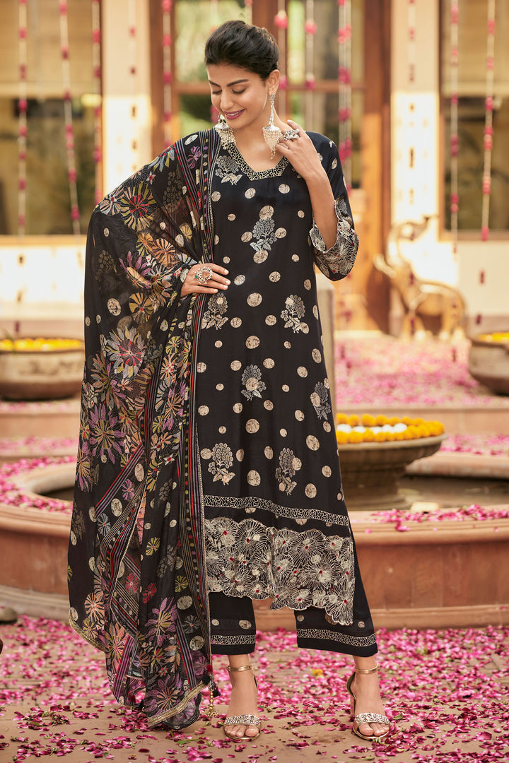 Pure Muslin Jacquard Digital Print Salwar Suit In Black Color