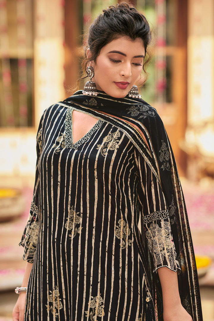 Pure Muslin Jacquard Digital Print Suit In Black Color