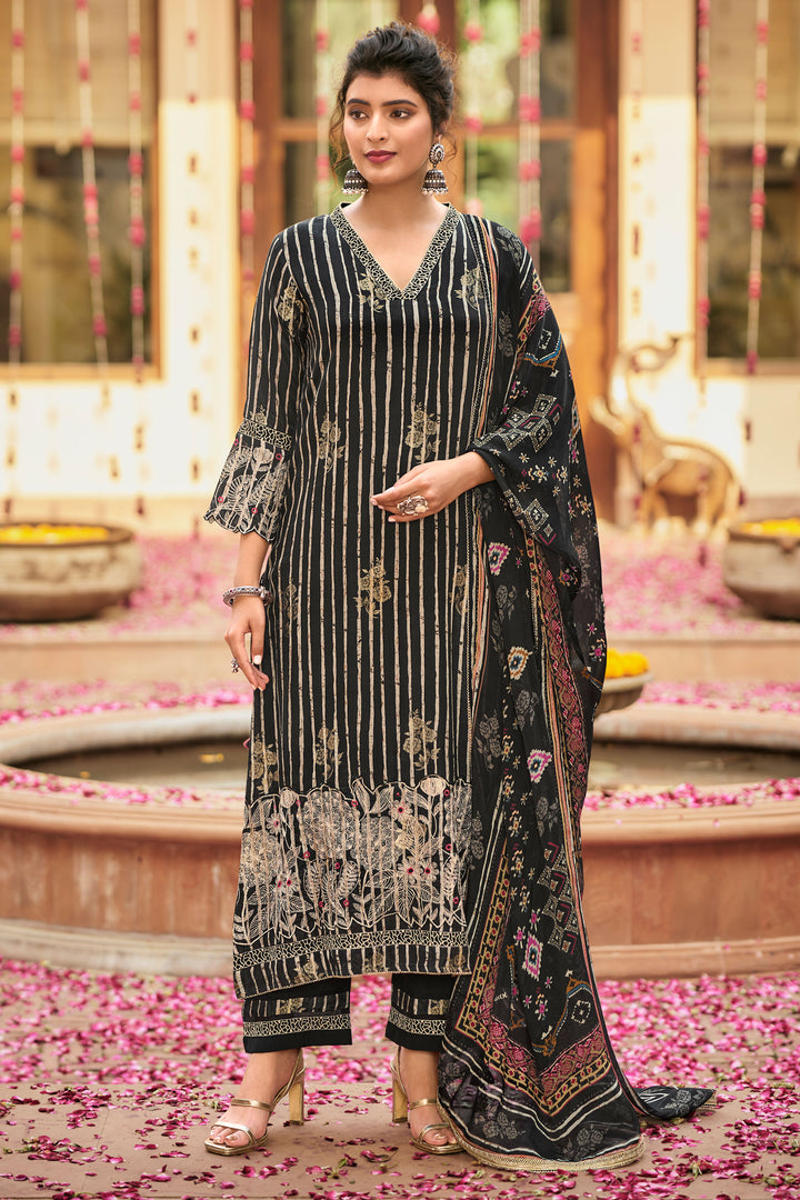 Pure Muslin Jacquard Digital Print Suit In Black Color