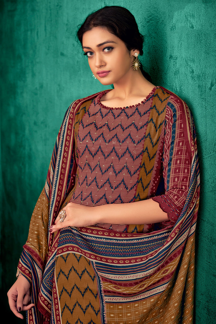 Maroon Pure Pashmina Digital Print Casual Dress